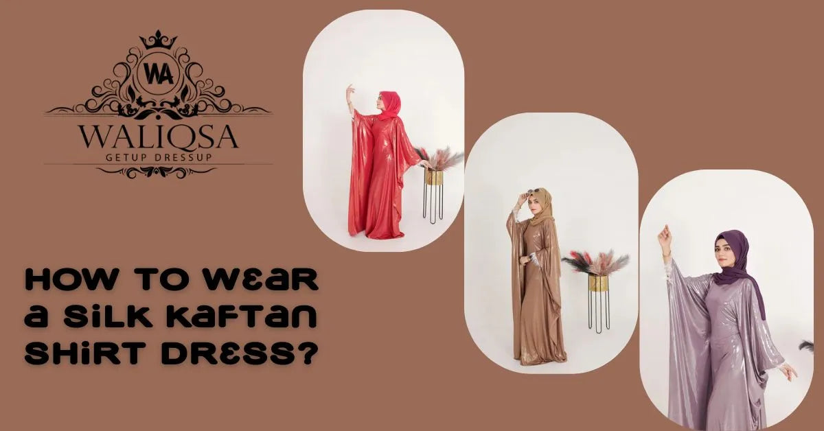 Elegant silk kaftan shirt dress styled with heels for a formal evening