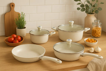 Set of ceramic cookware on a wooden surface with kitchen items in the background.