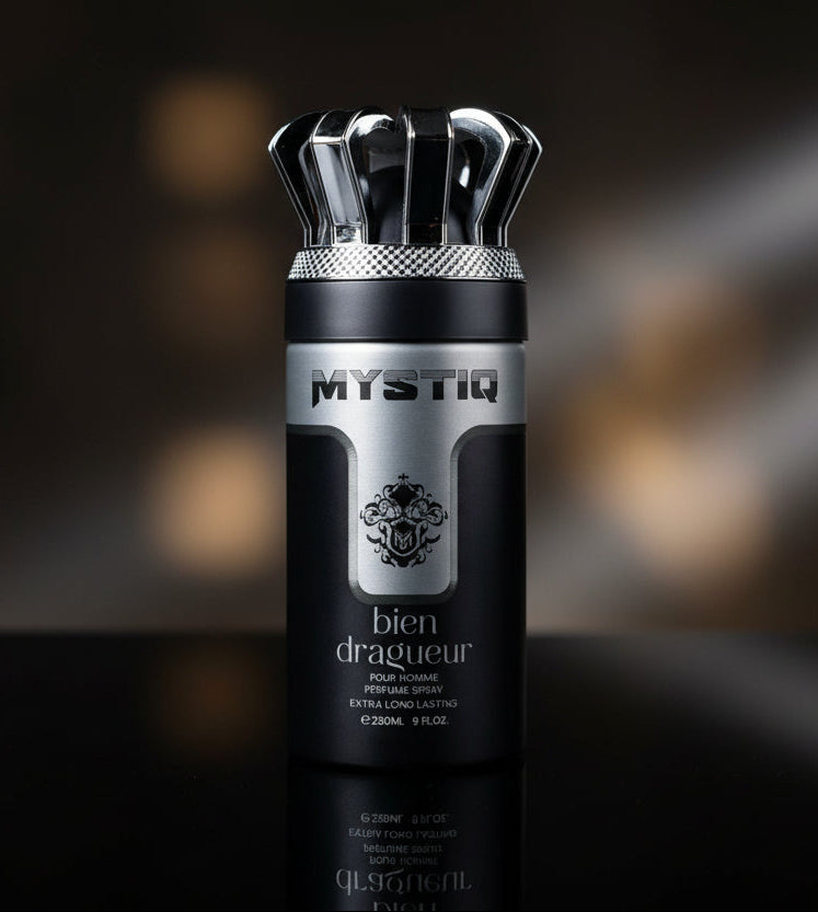 Perfume bottle labeled 'Mystiq bien dragueur' on a light background