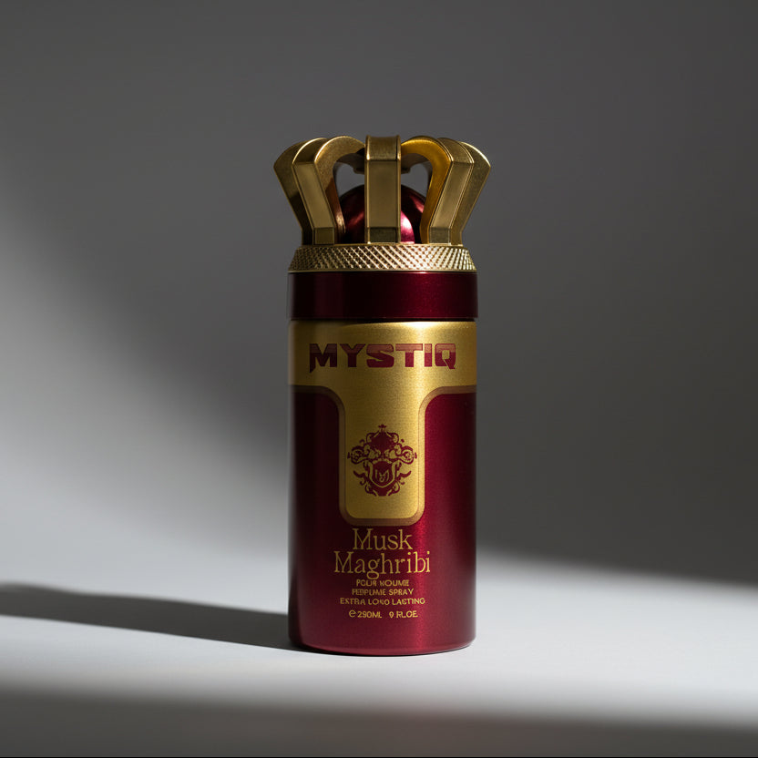 Mystiq Musk Maghribi perfume bottle with gold cap on a white surface.
