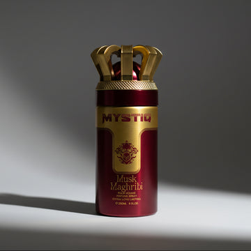 Mystiq Musk Maghribi perfume bottle with gold cap on a white surface.