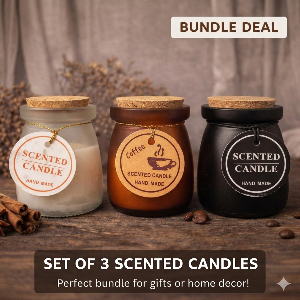 Set of three scented candles with labels on a wooden surface, labeled as a bundle deal.