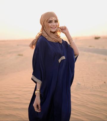 Shabab Kaftan dress in hareer maqsoor fabric, free size, available in six elegant colors

