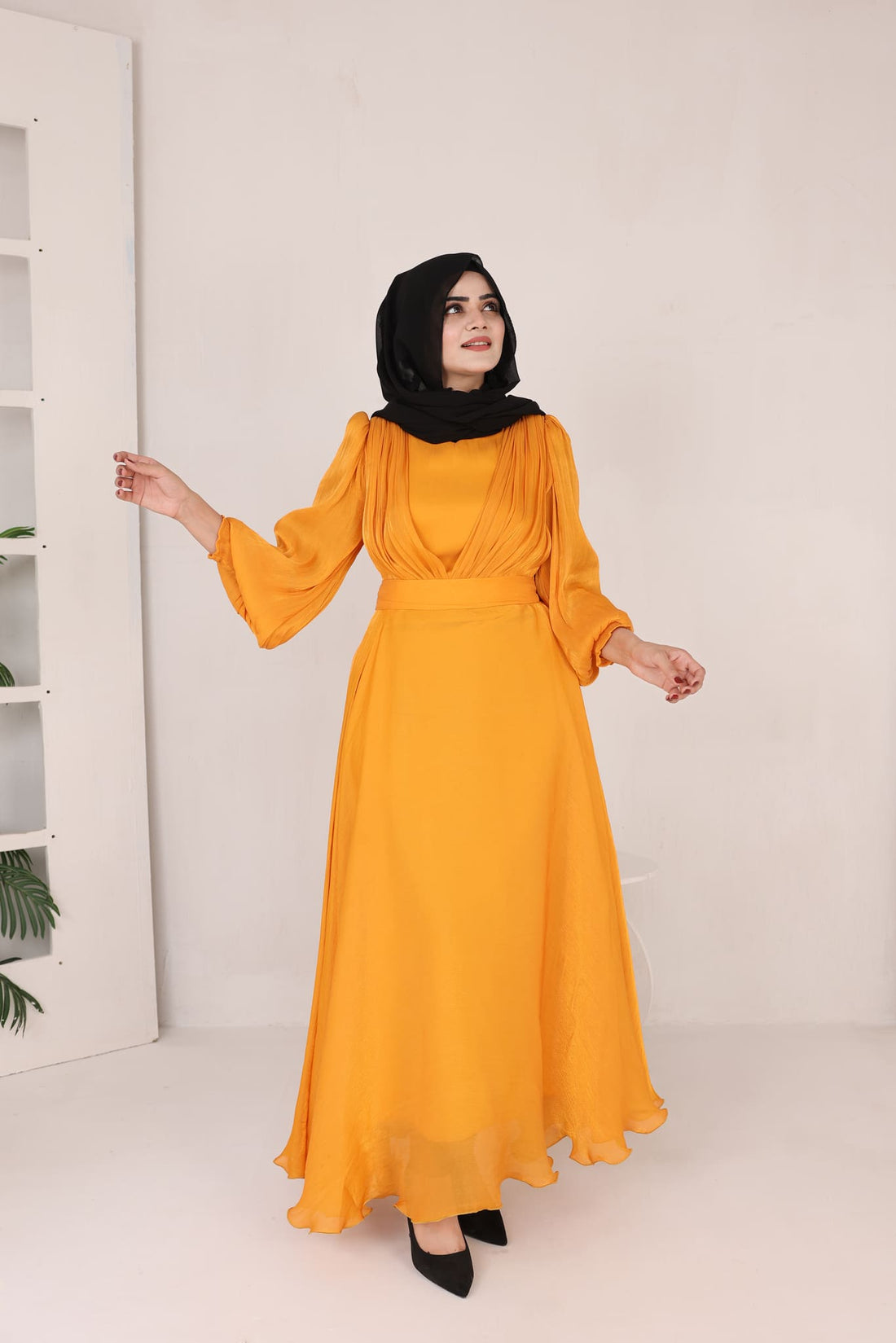 Leyla Maxi in rose organza fabric with belt, available in vibrant festive colors

