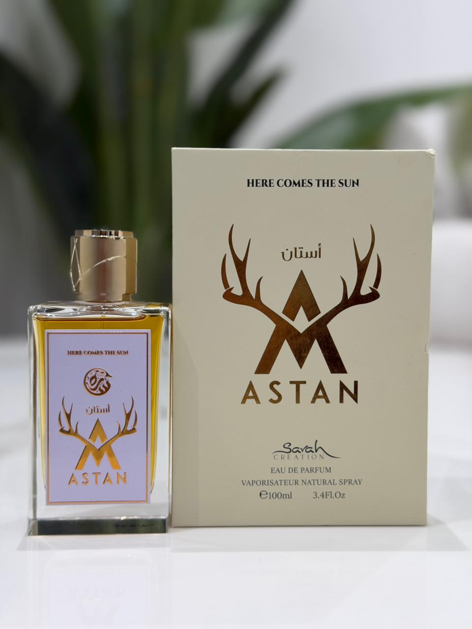 Astan Here Comes The Sun perfume bottle — warm unisex fragrance inspired by Amouage Guidance available in UAE for AED 99